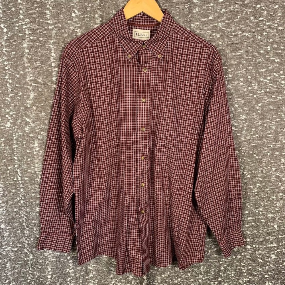LL Bean Mens Large Burgundy Grid Plaid Long Sleeve Button Down Shirt 0MT78